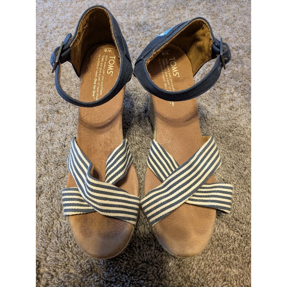TOMS Womens Navy White Striped Canvas Espadrille Wedge Sandals Size 8
